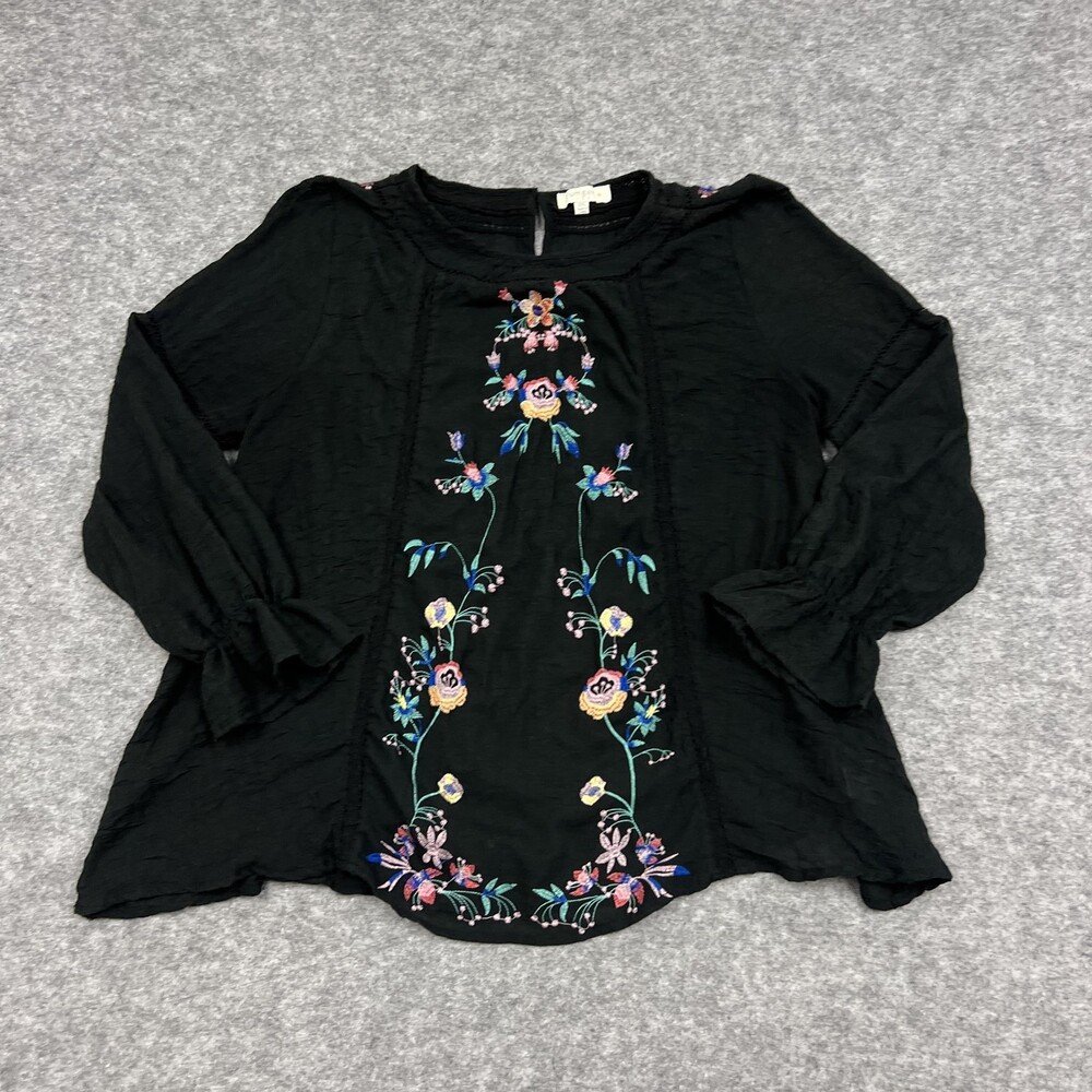 Umgee USA Blouse Womens 2XL Black Embroidered Tunic Boho Floral Lightweight Plus